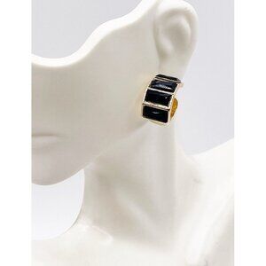 S&S Gold Tone Black Faceted Glass Huggie Hoop Earrings Retro Classy Chunky Style